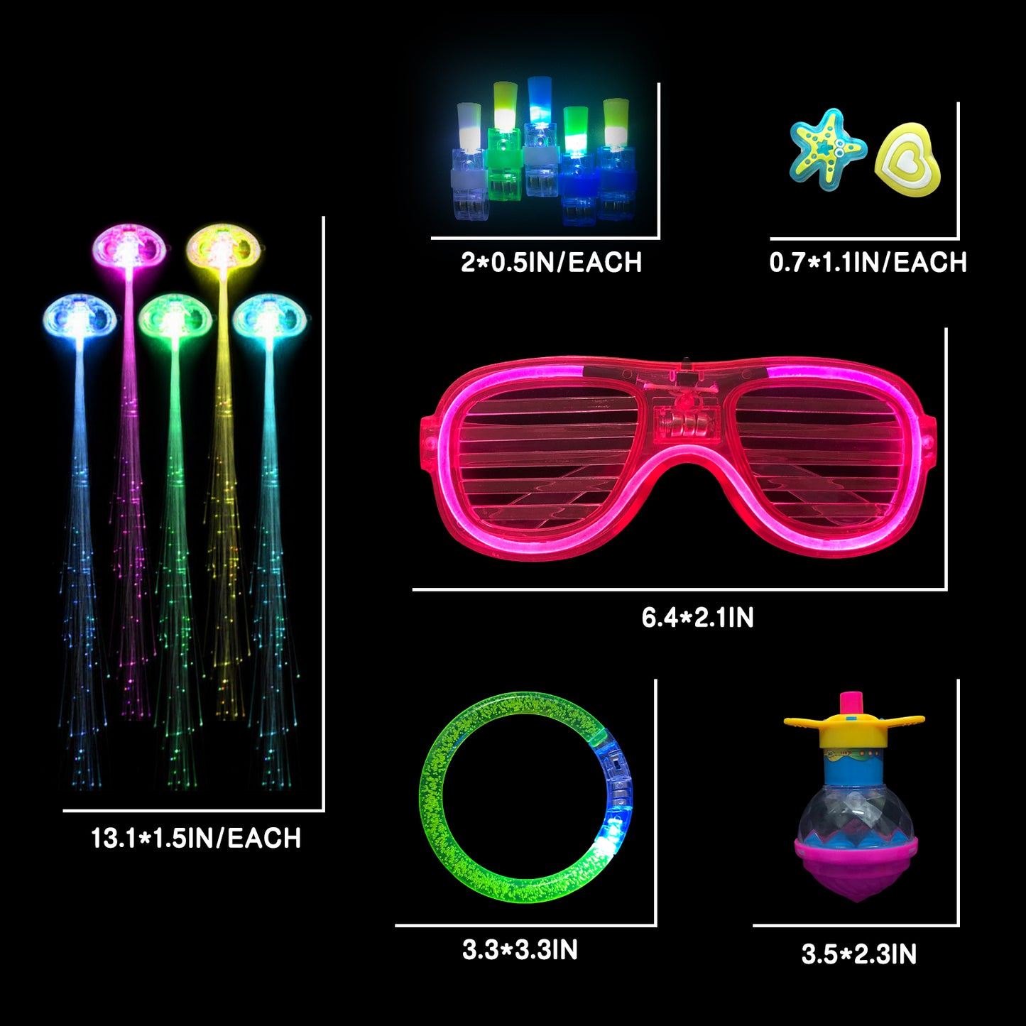 79pcs Flashing LED Party Supplies Set- Bracelets, Finger Light, Glasses, Hairpin Light, Jelly Rings, Spinning Tops