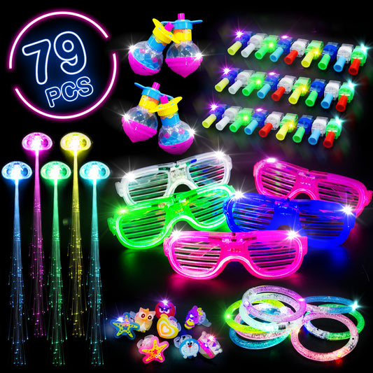 79pcs Flashing LED Party Supplies Set- Bracelets, Finger Light, Glasses, Hairpin Light, Jelly Rings, Spinning Tops