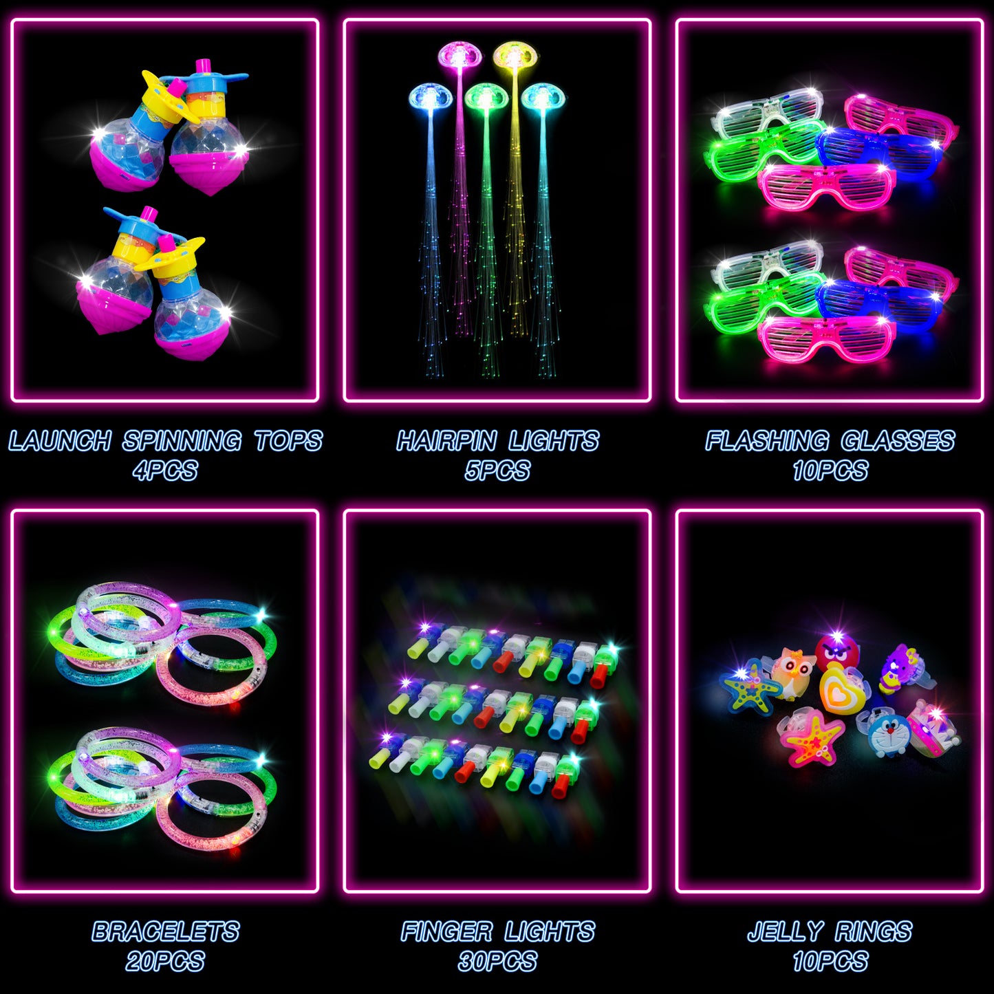 79pcs Flashing LED Party Supplies Set- Bracelets, Finger Light, Glasses, Hairpin Light, Jelly Rings, Spinning Tops